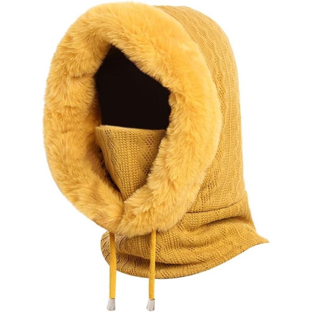 Women Yellow Polyester Warm Thick Fluff Beanie Neck Face Winter Balaclava